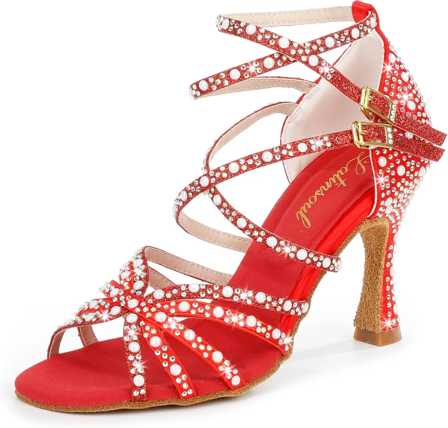 205-31 Women's Crystal Rhinestone Strappy High Heel Latin Dance Shoes Elegant Open Toe Buckle Design Ballroom Dancing Shoes