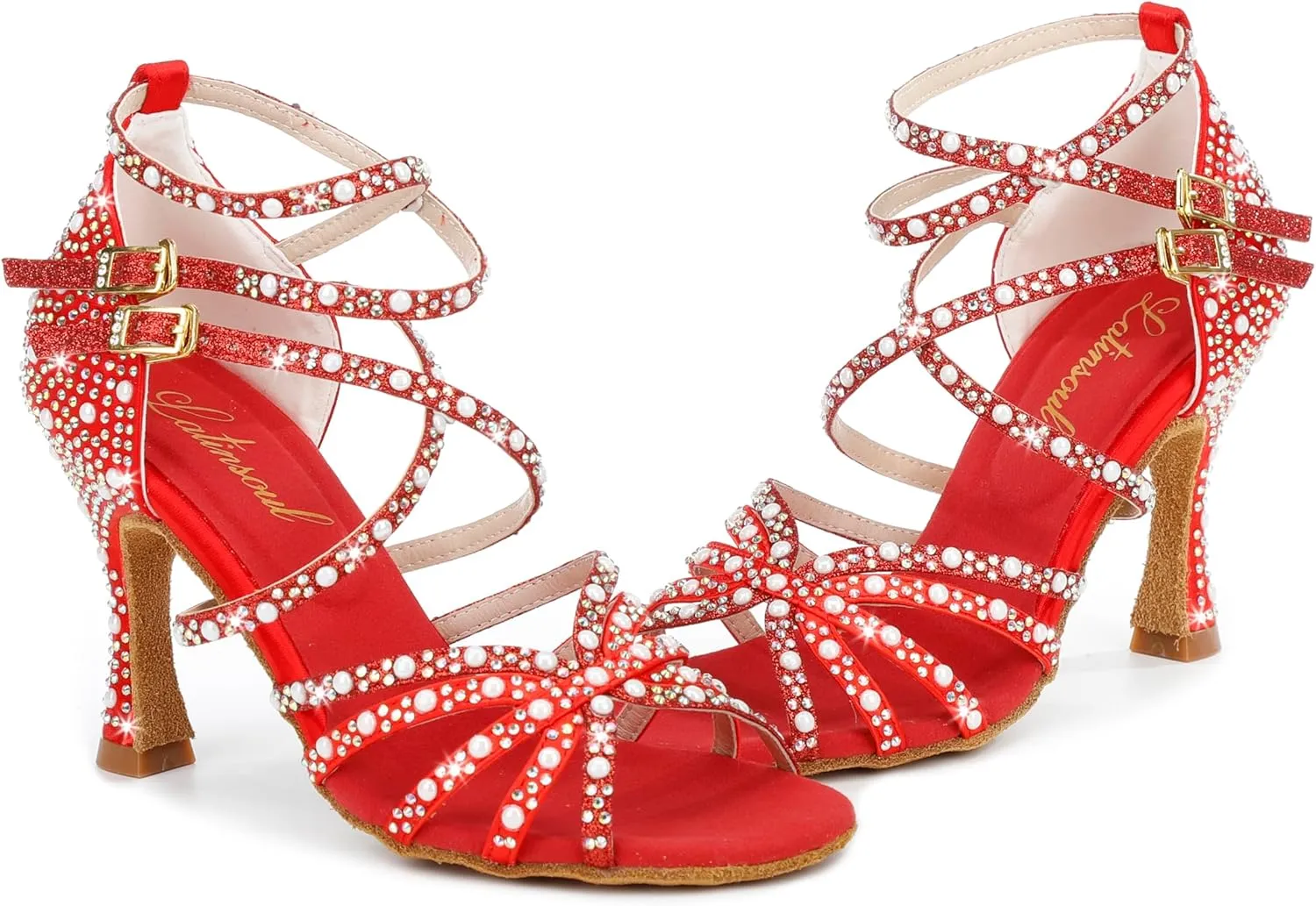 205-31 Women's Crystal Rhinestone Strappy High Heel Latin Dance Shoes Elegant Open Toe Buckle Design Ballroom Dancing Shoes