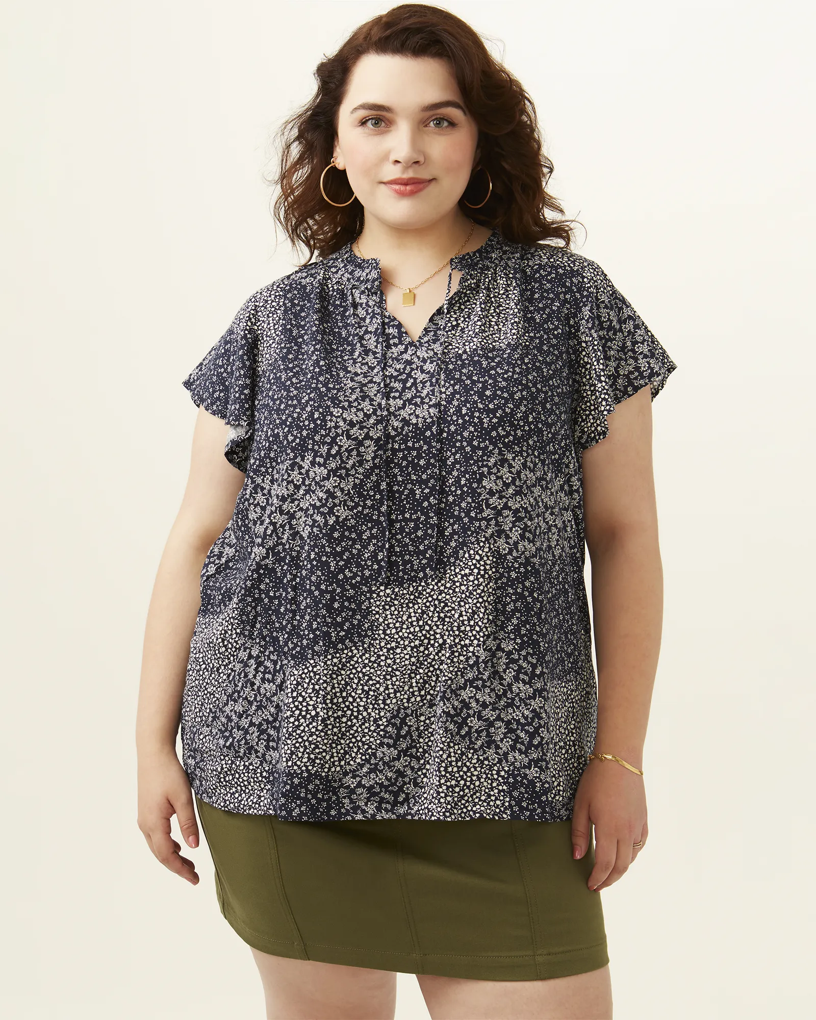 Anne Tie-Neck Flutter-Sleeve Top | Navy / Ivory