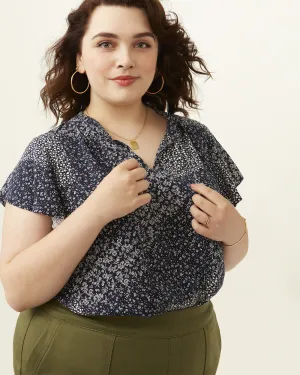 Anne Tie-Neck Flutter-Sleeve Top | Navy / Ivory