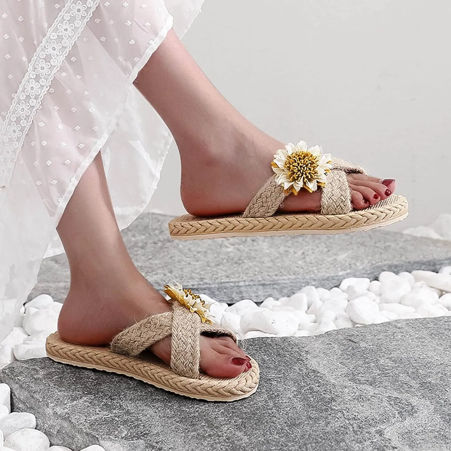Beach Sandals Sunflower Imitation Spring Flat Summer Flops Straw and and Woven Flip Slippers Casual Shoes (White, 8.5)