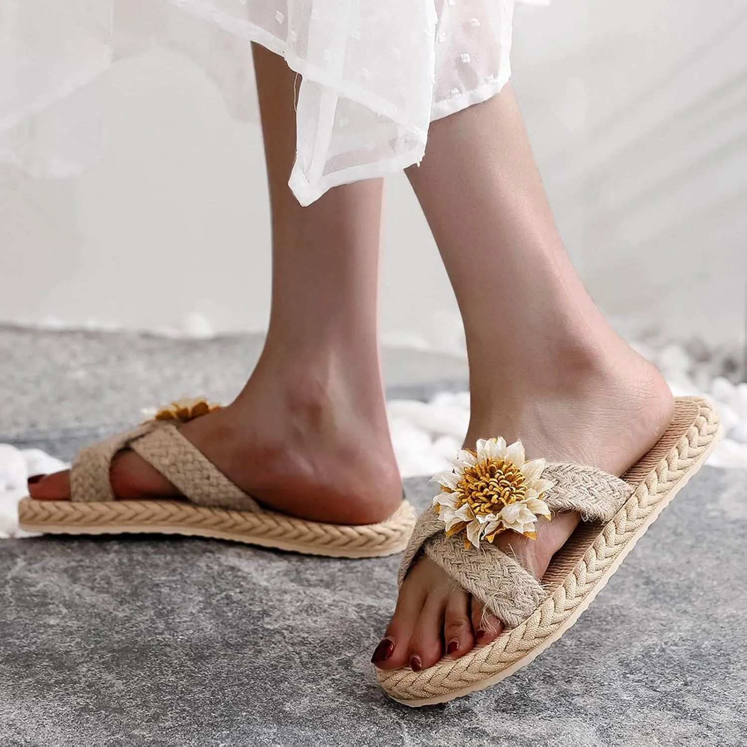 Beach Sandals Sunflower Imitation Spring Flat Summer Flops Straw and and Woven Flip Slippers Casual Shoes (White, 8.5)