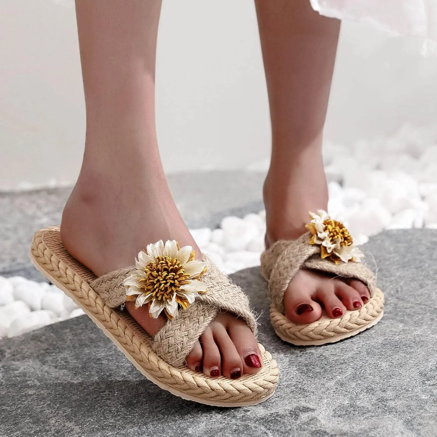 Beach Sandals Sunflower Imitation Spring Flat Summer Flops Straw and and Woven Flip Slippers Casual Shoes (White, 8.5)