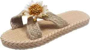 Beach Sandals Sunflower Imitation Spring Flat Summer Flops Straw and and Woven Flip Slippers Casual Shoes (White, 8.5)