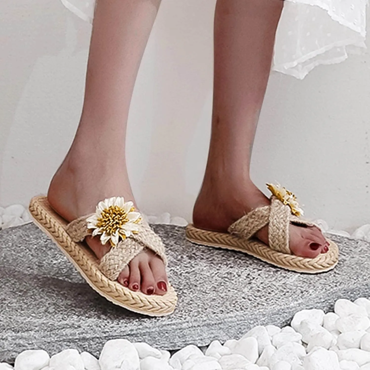 Beach Sandals Sunflower Imitation Spring Flat Summer Flops Straw and and Woven Flip Slippers Casual Shoes (White, 8.5)