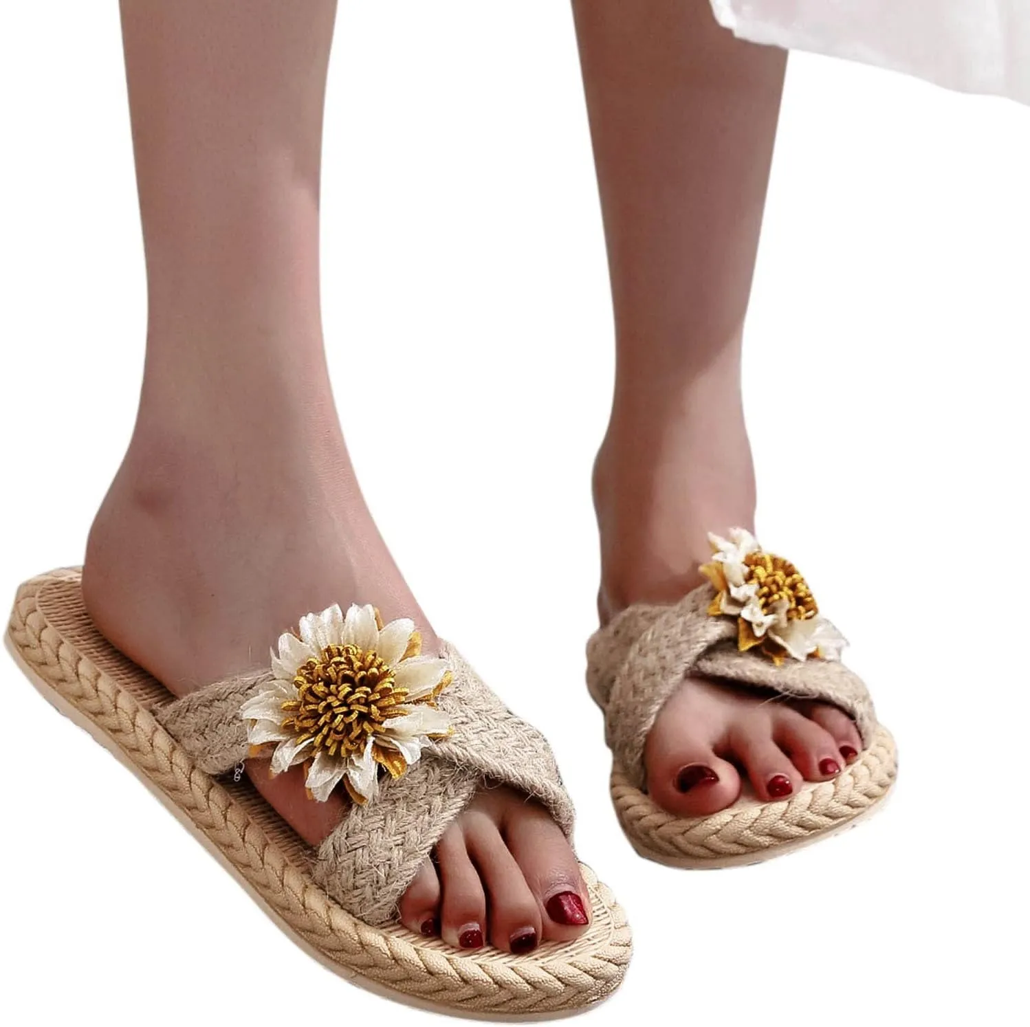 Beach Sandals Sunflower Imitation Spring Flat Summer Flops Straw and and Woven Flip Slippers Casual Shoes (White, 8.5)