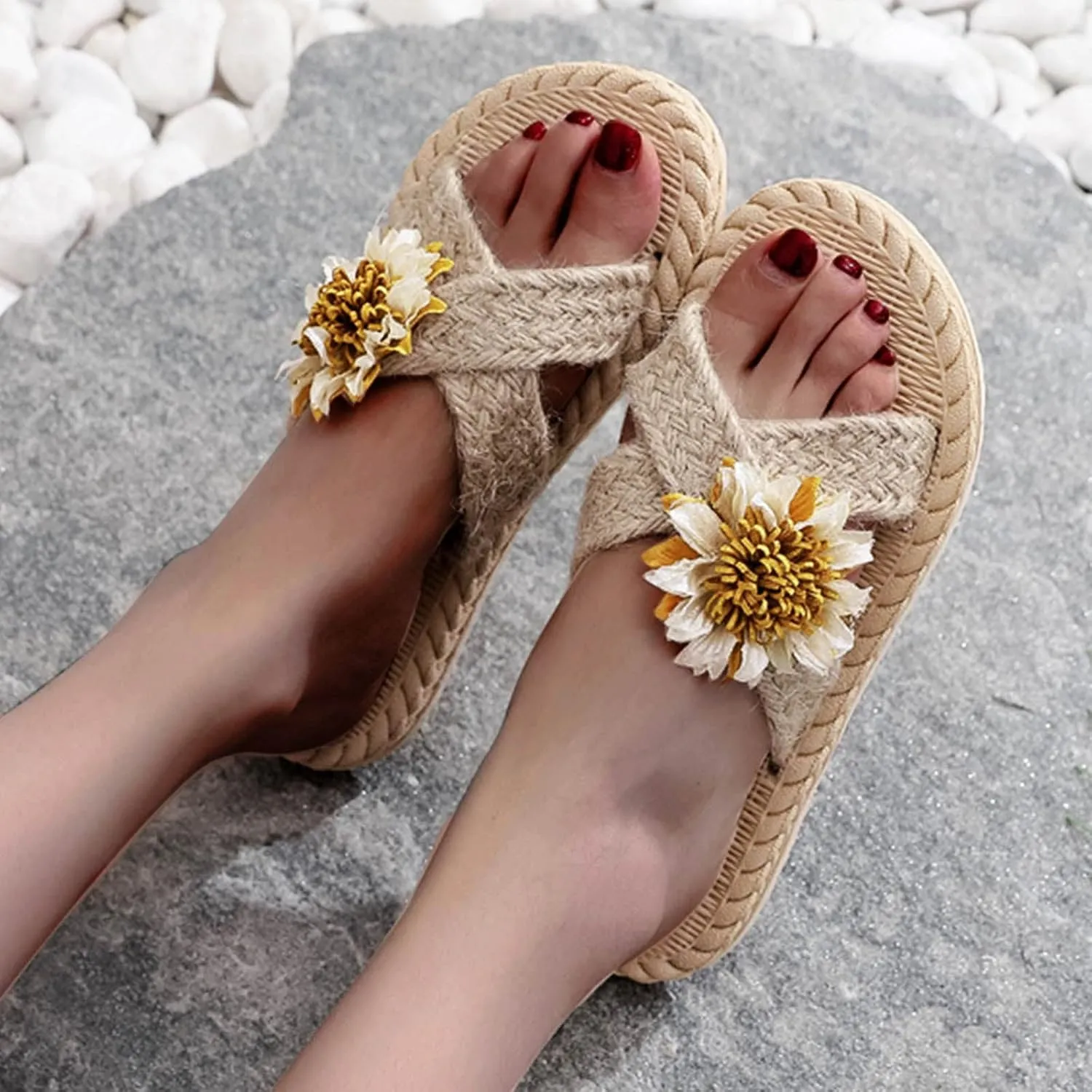 Beach Sandals Sunflower Imitation Spring Flat Summer Flops Straw and and Woven Flip Slippers Casual Shoes (White, 8.5)