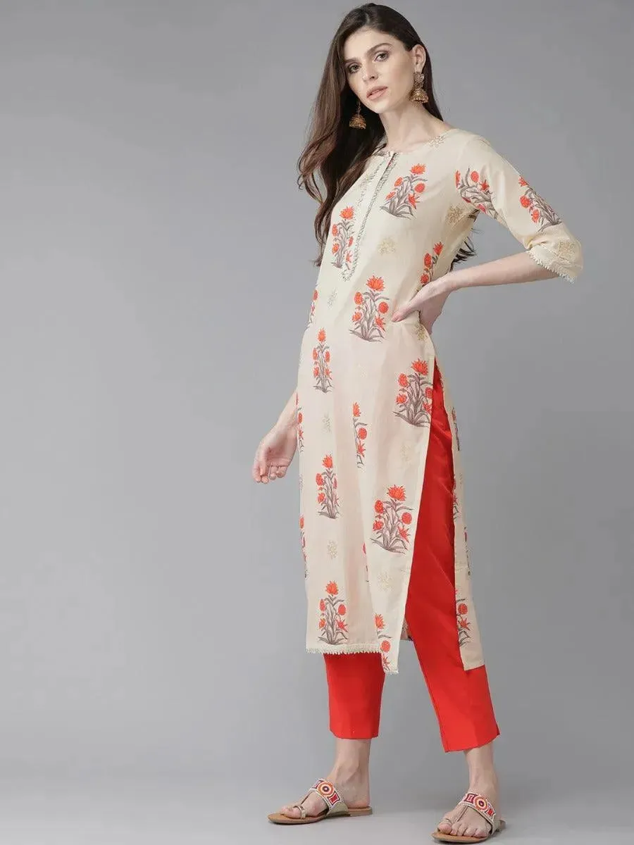 Beige Printed Cotton Kurta