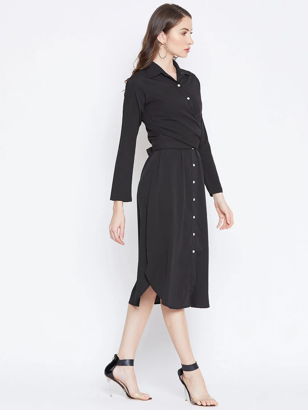 Berrylush Women Solid Black Collared Neck Button-Up Curved Midi Shirt Dress