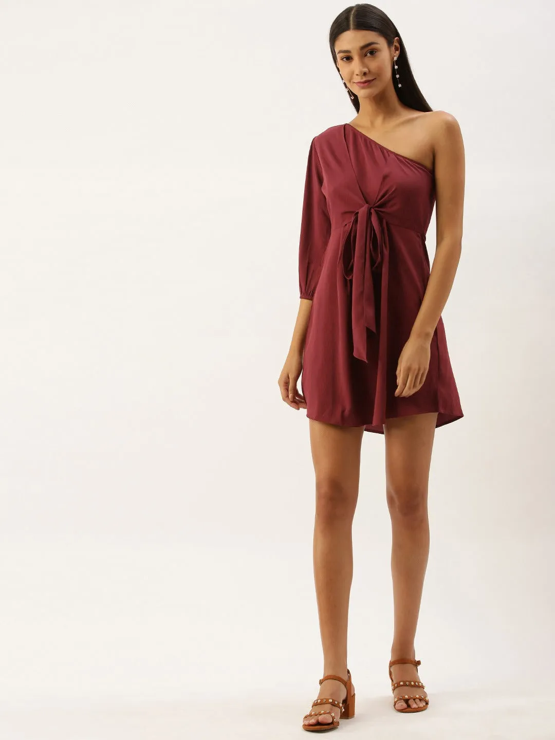 Berrylush Women Solid Maroon One Shoulder Mini Dress