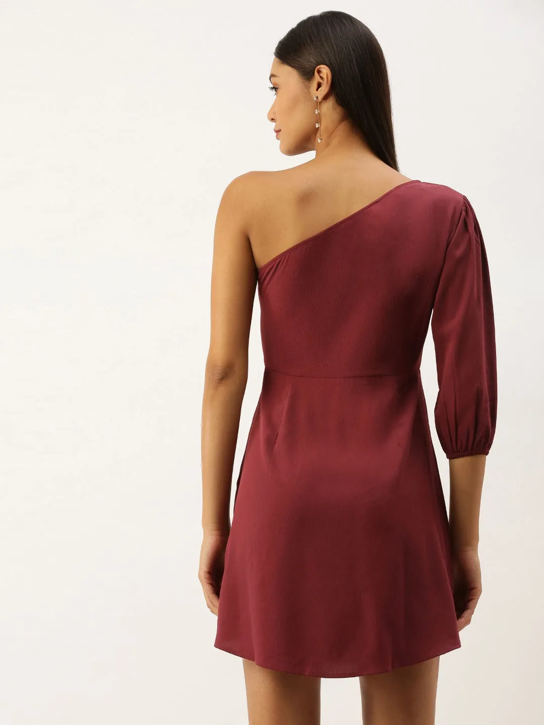 Berrylush Women Solid Maroon One Shoulder Mini Dress