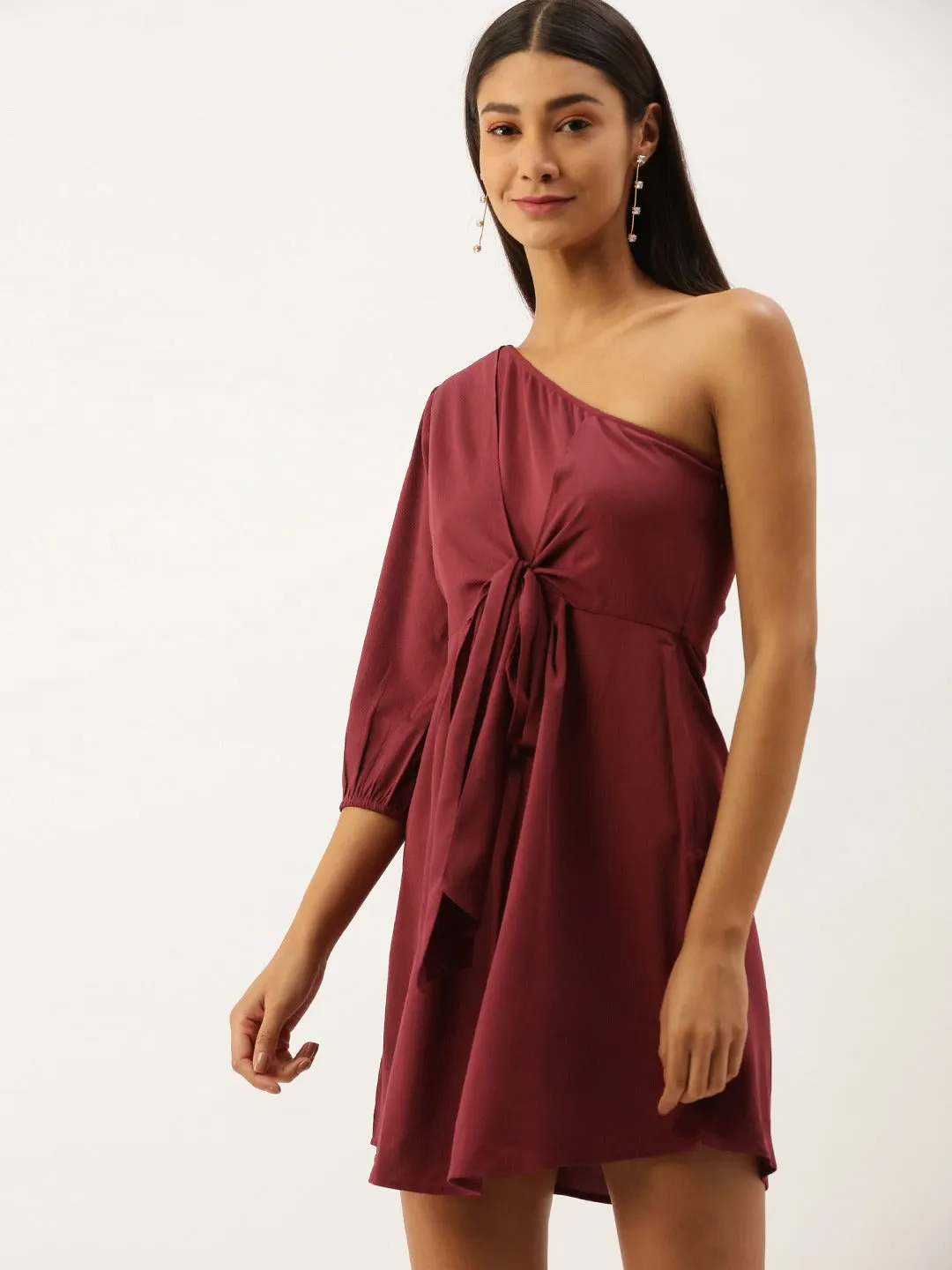 Berrylush Women Solid Maroon One Shoulder Mini Dress