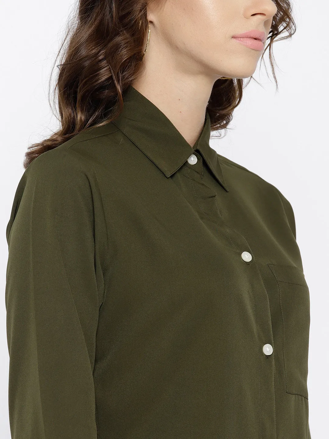 Berrylush Women Solid Olive Green Spread Collar Neck Button Placket Curved Regular Shirt