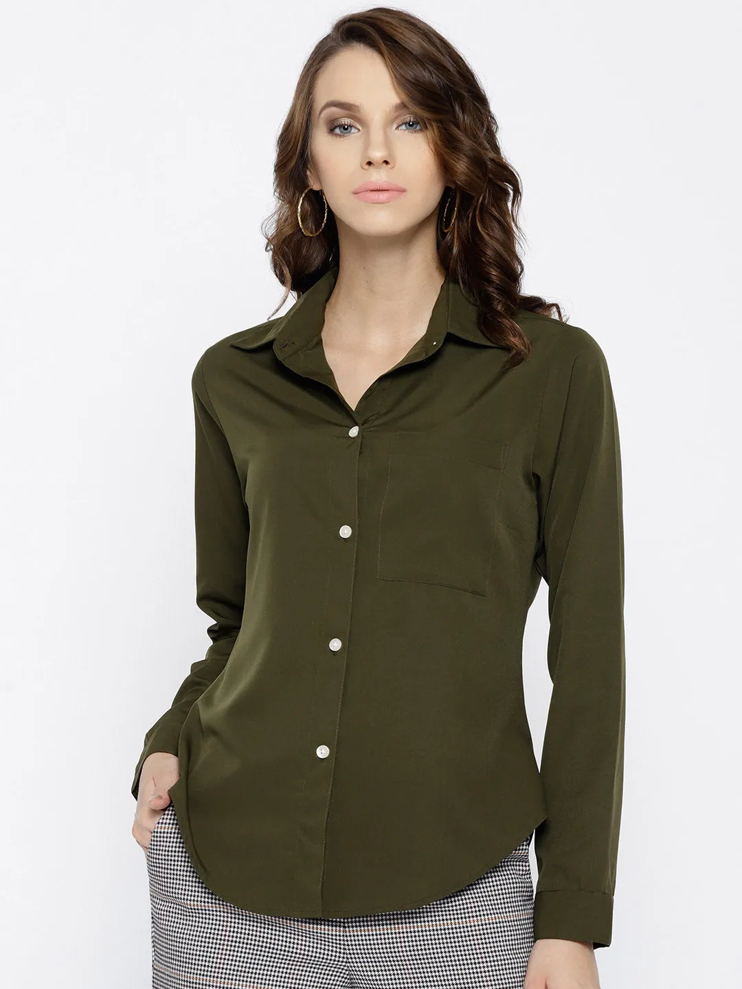 Berrylush Women Solid Olive Green Spread Collar Neck Button Placket Curved Regular Shirt