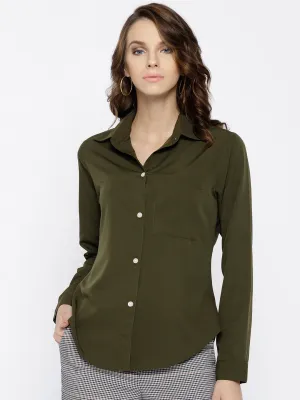 Berrylush Women Solid Olive Green Spread Collar Neck Button Placket Curved Regular Shirt