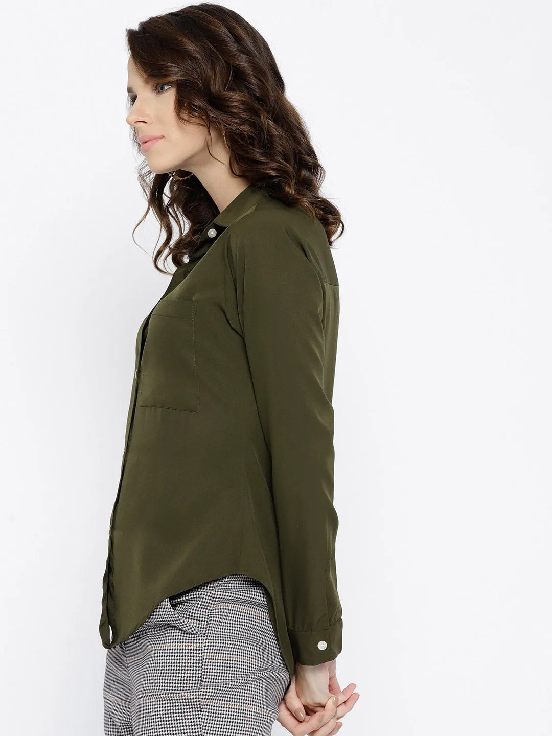 Berrylush Women Solid Olive Green Spread Collar Neck Button Placket Curved Regular Shirt