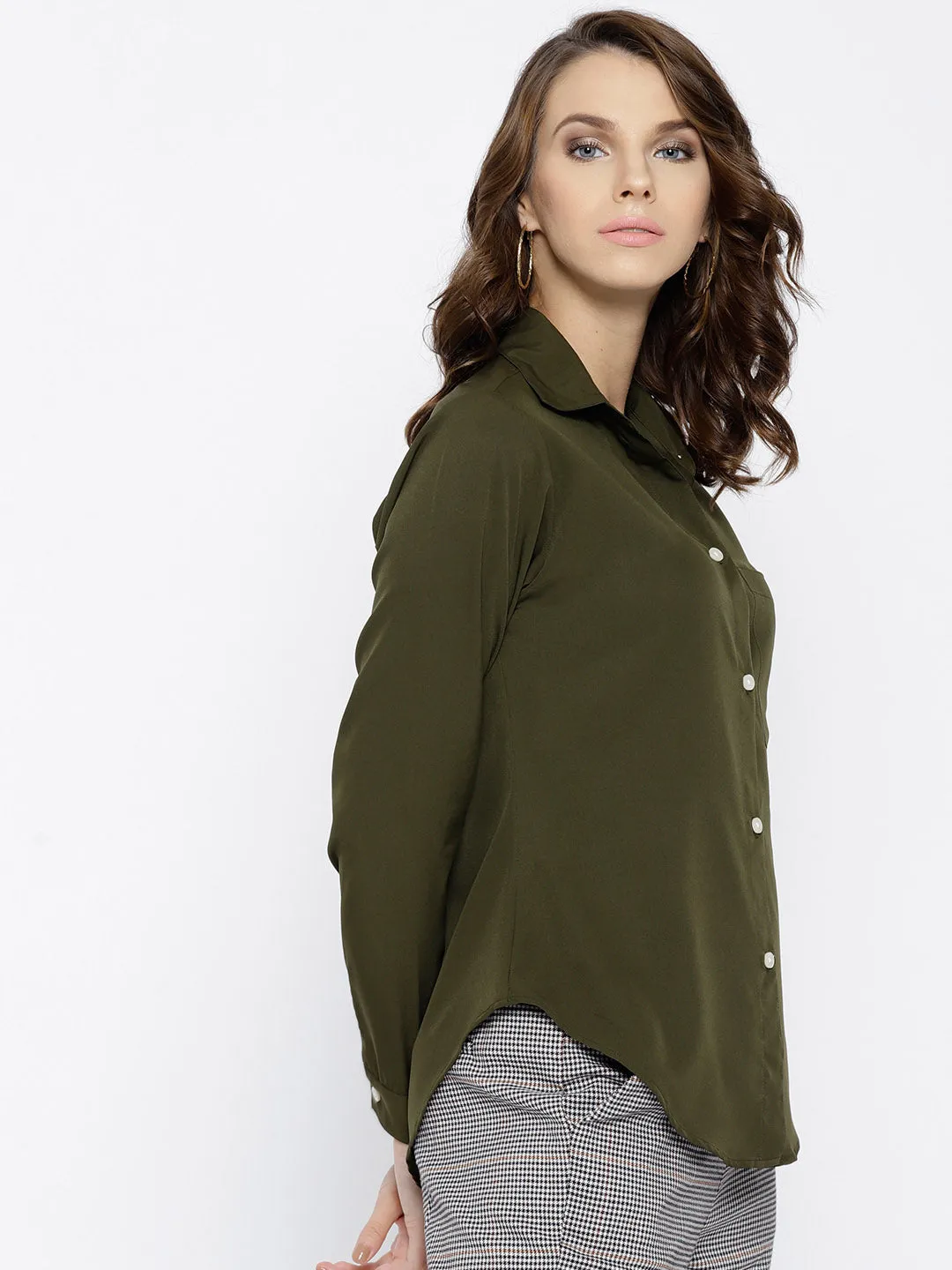 Berrylush Women Solid Olive Green Spread Collar Neck Button Placket Curved Regular Shirt