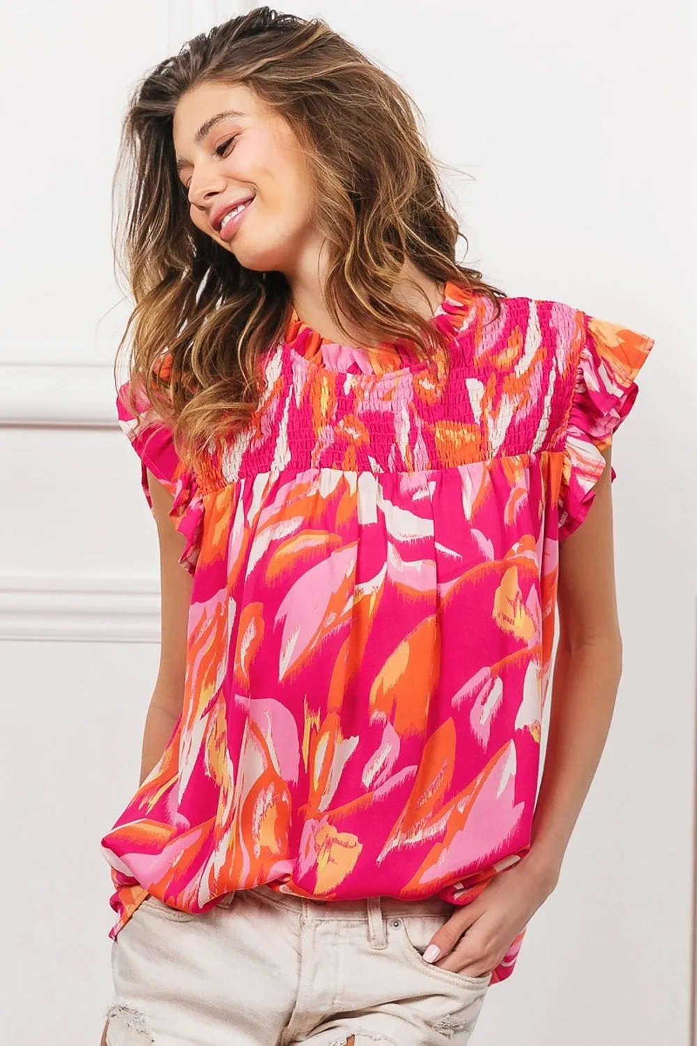BiBi Smocked Yoke Ruffled Floral Top**