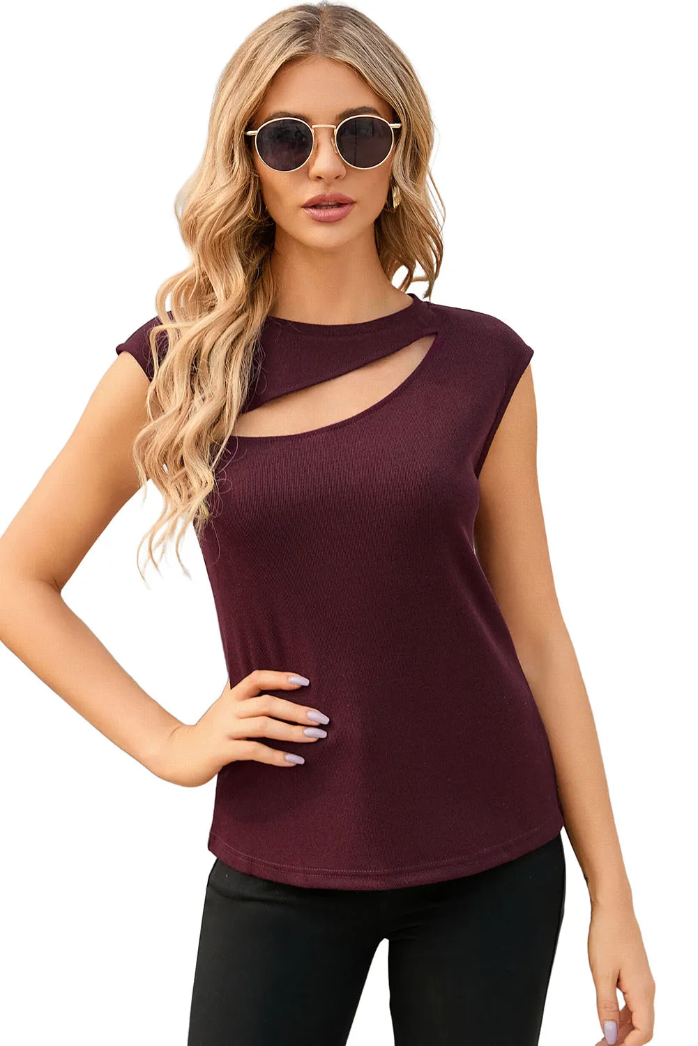 Black Slash Cutout Cap Sleeve T Shirt