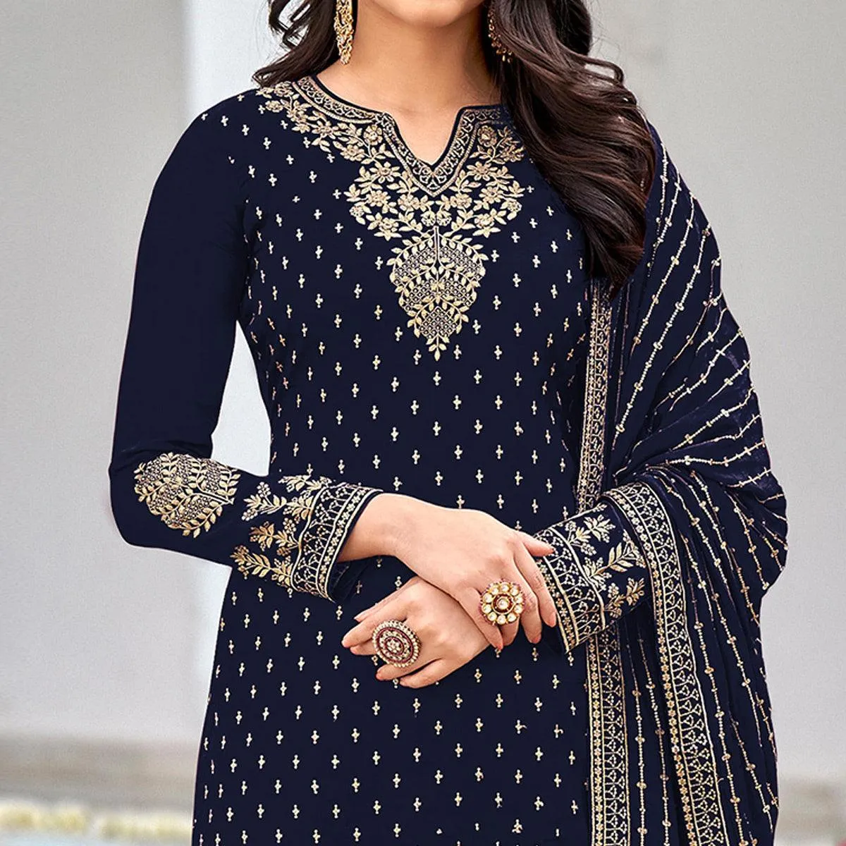 Blue Partywear Embroidery With Sequins Heavy Faux Georgette Salwar Suit