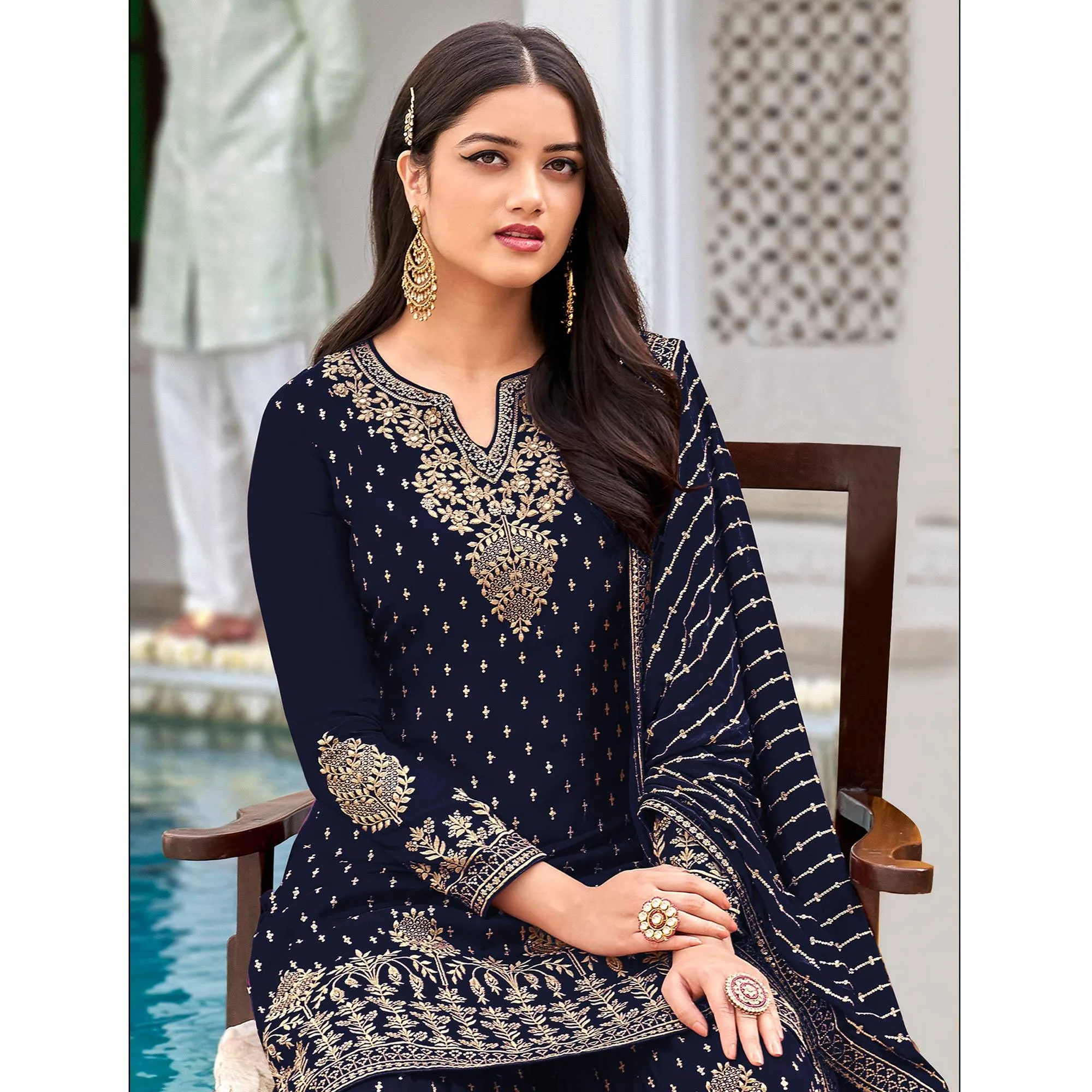 Blue Partywear Embroidery With Sequins Heavy Faux Georgette Salwar Suit