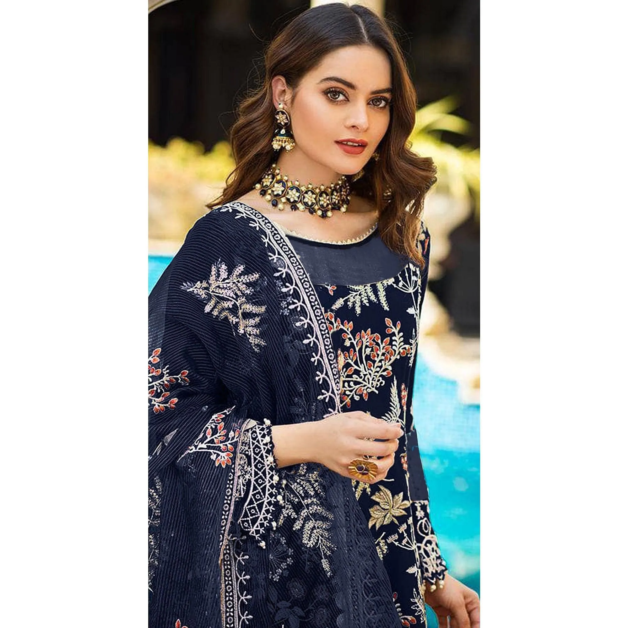 Blue Partywear Women's Floral Embroidered Georgette Semi-Stitched Pakistani Suit