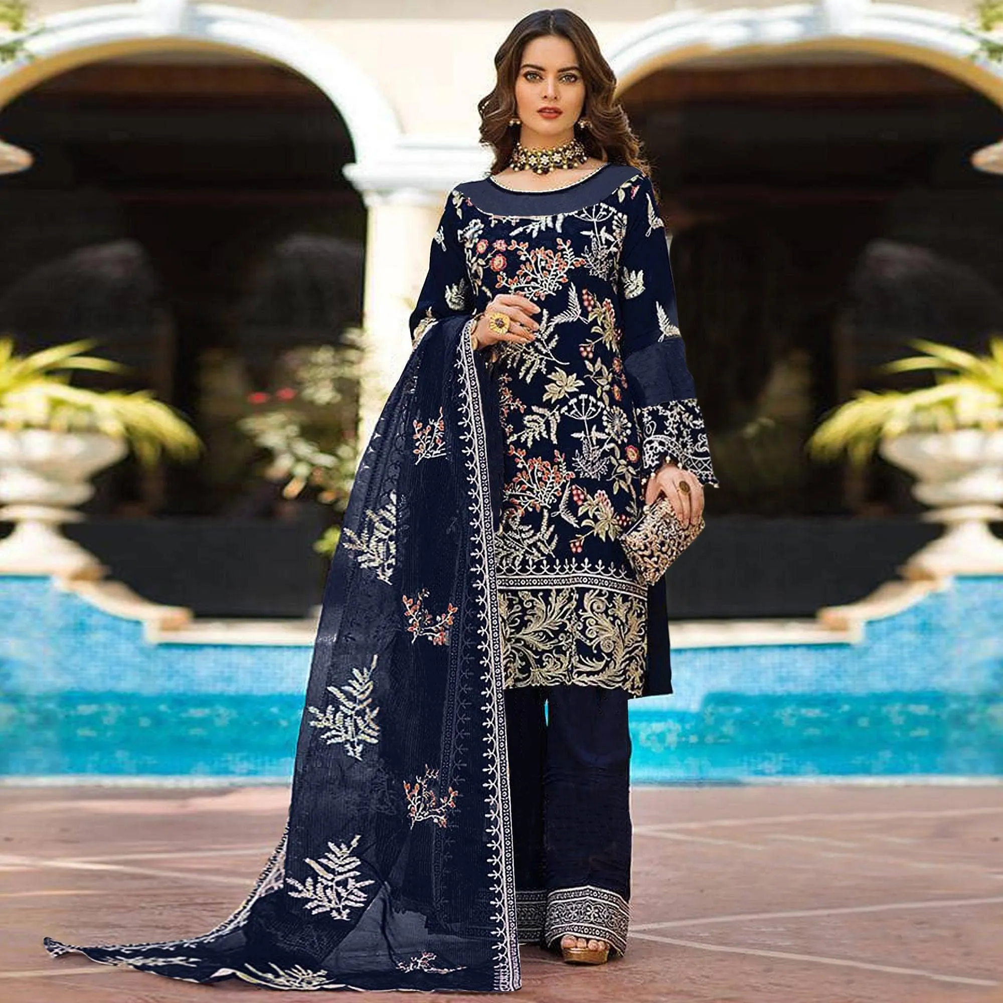 Blue Partywear Women's Floral Embroidered Georgette Semi-Stitched Pakistani Suit
