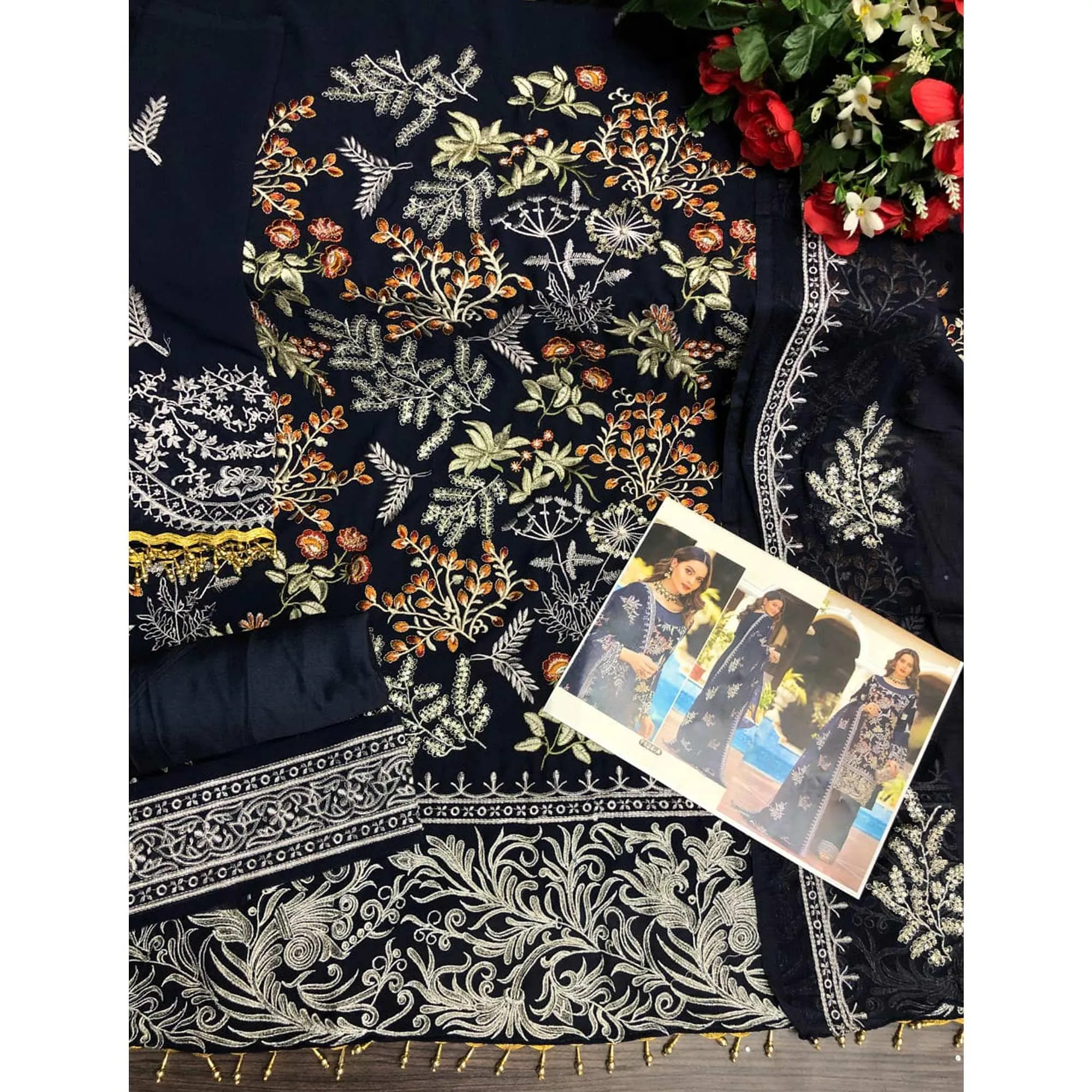 Blue Partywear Women's Floral Embroidered Georgette Semi-Stitched Pakistani Suit