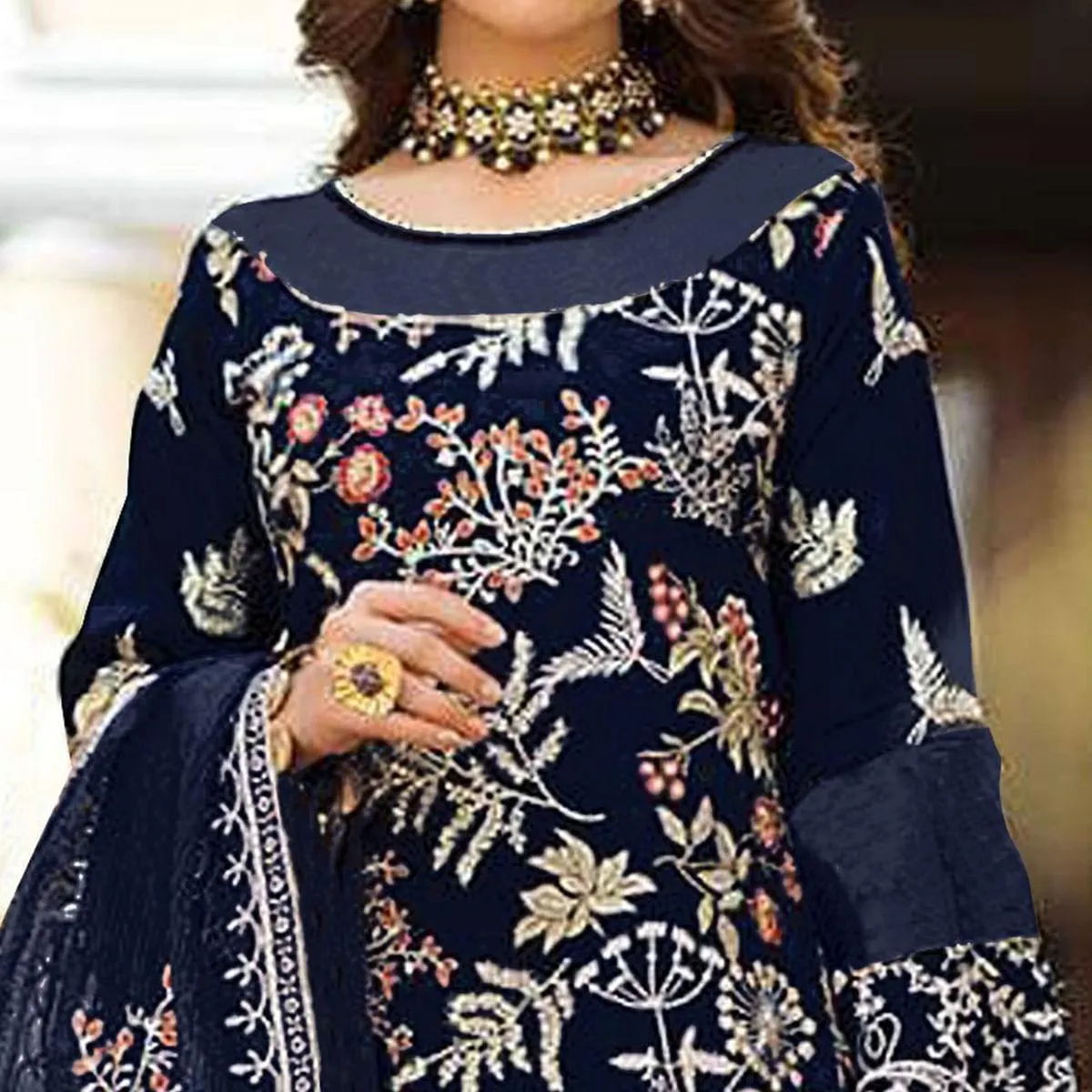 Blue Partywear Women's Floral Embroidered Georgette Semi-Stitched Pakistani Suit