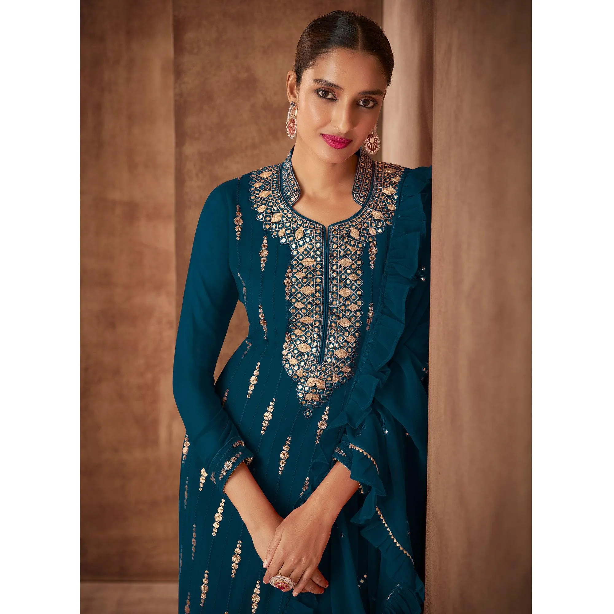 Blue Sequins Embroidery Georgette Partywear Suit