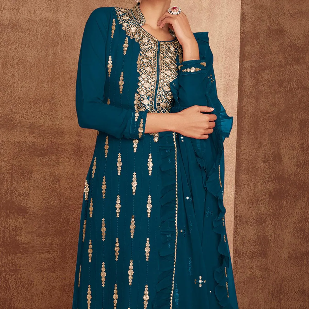 Blue Sequins Embroidery Georgette Partywear Suit