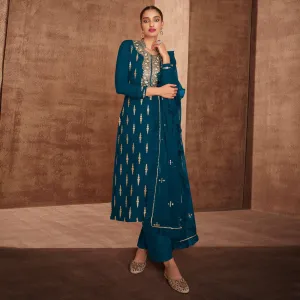 Blue Sequins Embroidery Georgette Partywear Suit