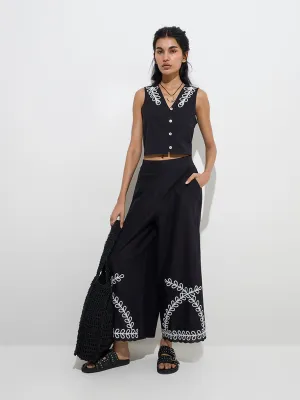 Bombay Paisley Black Botanical Cotton-Blend Pants