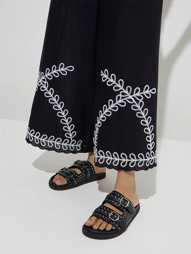 Bombay Paisley Black Botanical Cotton-Blend Pants