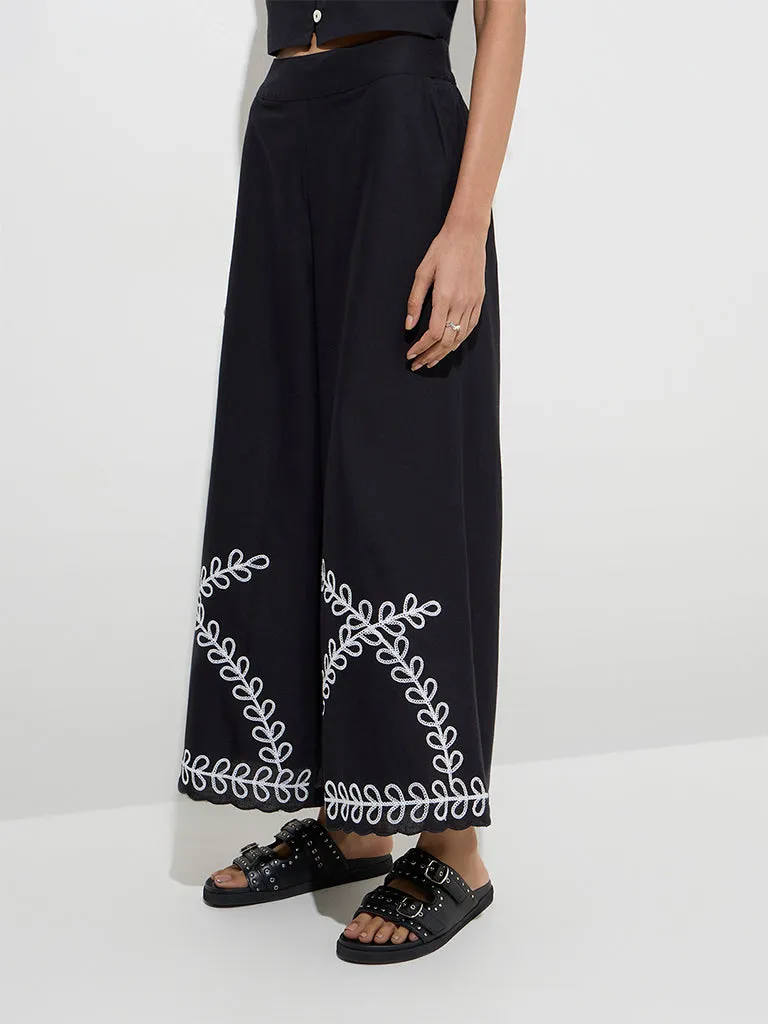 Bombay Paisley Black Botanical Cotton-Blend Pants