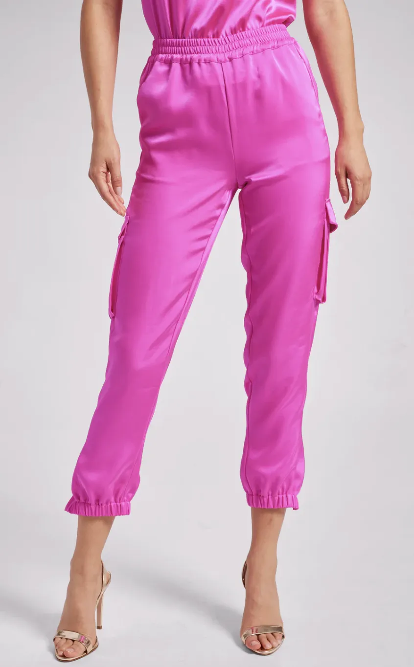 Chandra Satin Jogger - Hot Pink