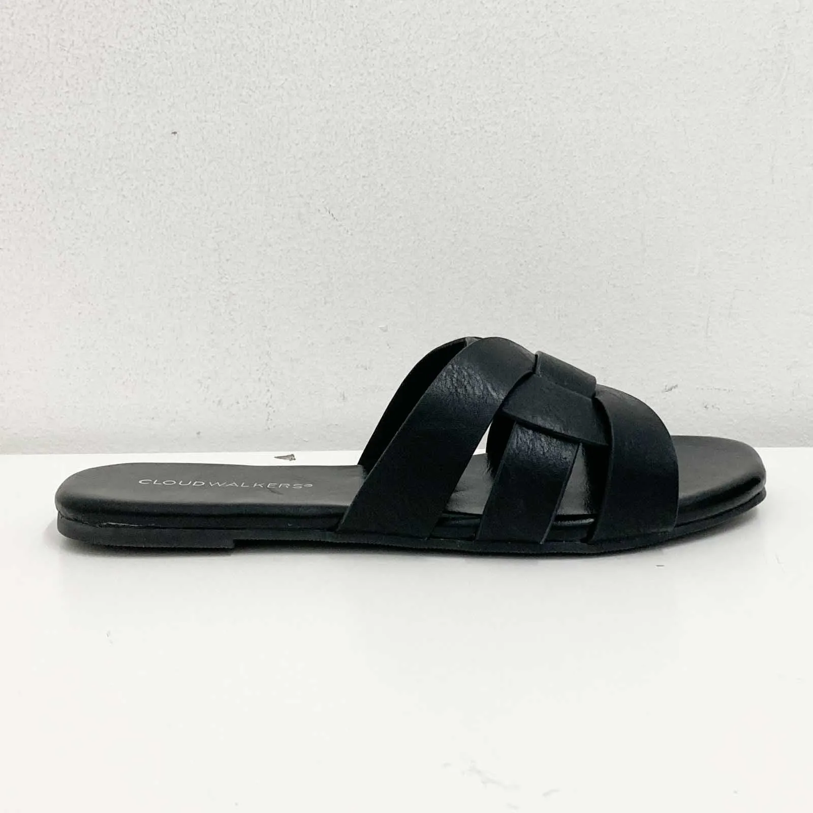 Cloudwalkers Black Faux Leather Slip On Open Toe Flat Sandals UK 8