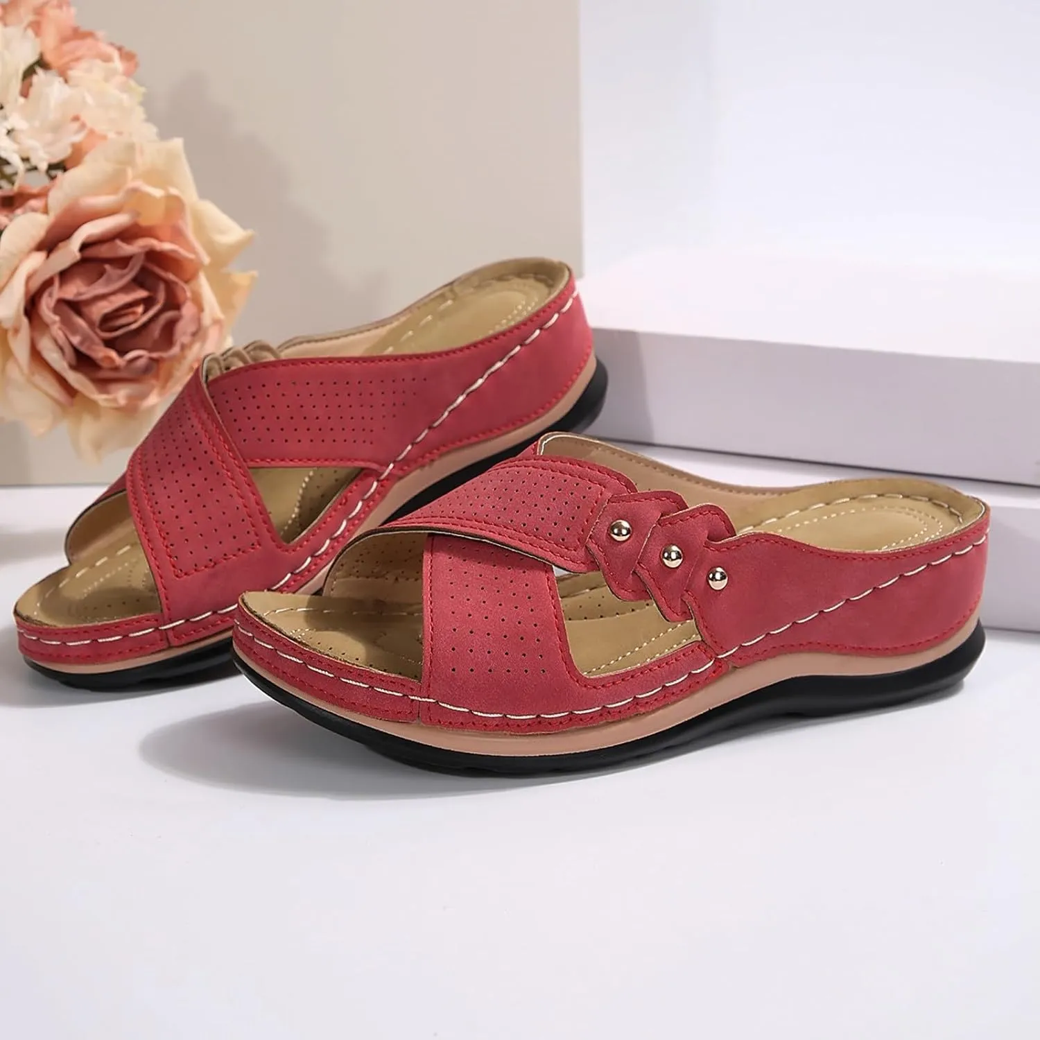Comfortable Sandals for Women Open Toe Dressy Low Heel Sandals Fashion Crisscross Straps Slip on Wedge Sandal with Arch Support Slip on Platform Sandal Beach Shoes 2025 Orthopedic Wedge Shoes