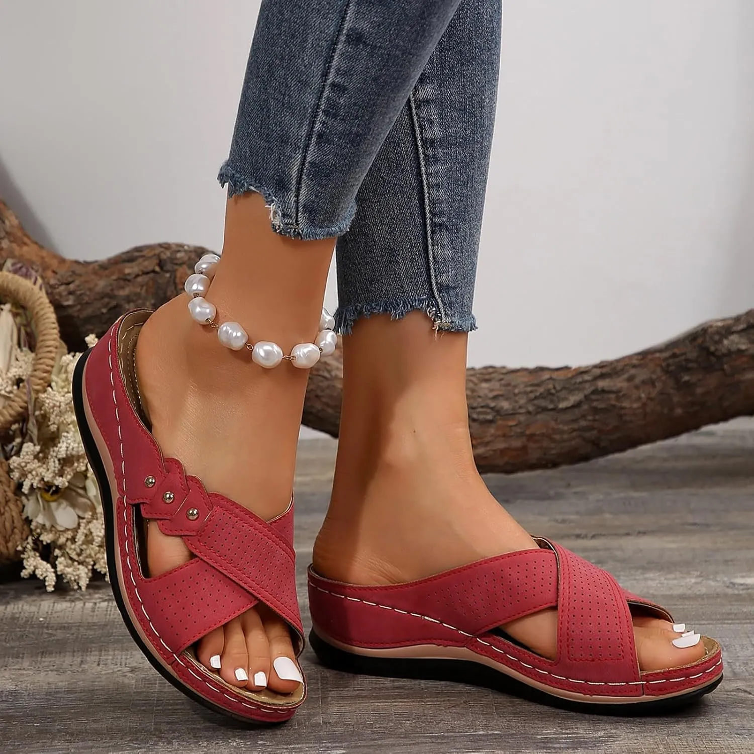 Comfortable Sandals for Women Open Toe Dressy Low Heel Sandals Fashion Crisscross Straps Slip on Wedge Sandal with Arch Support Slip on Platform Sandal Beach Shoes 2025 Orthopedic Wedge Shoes