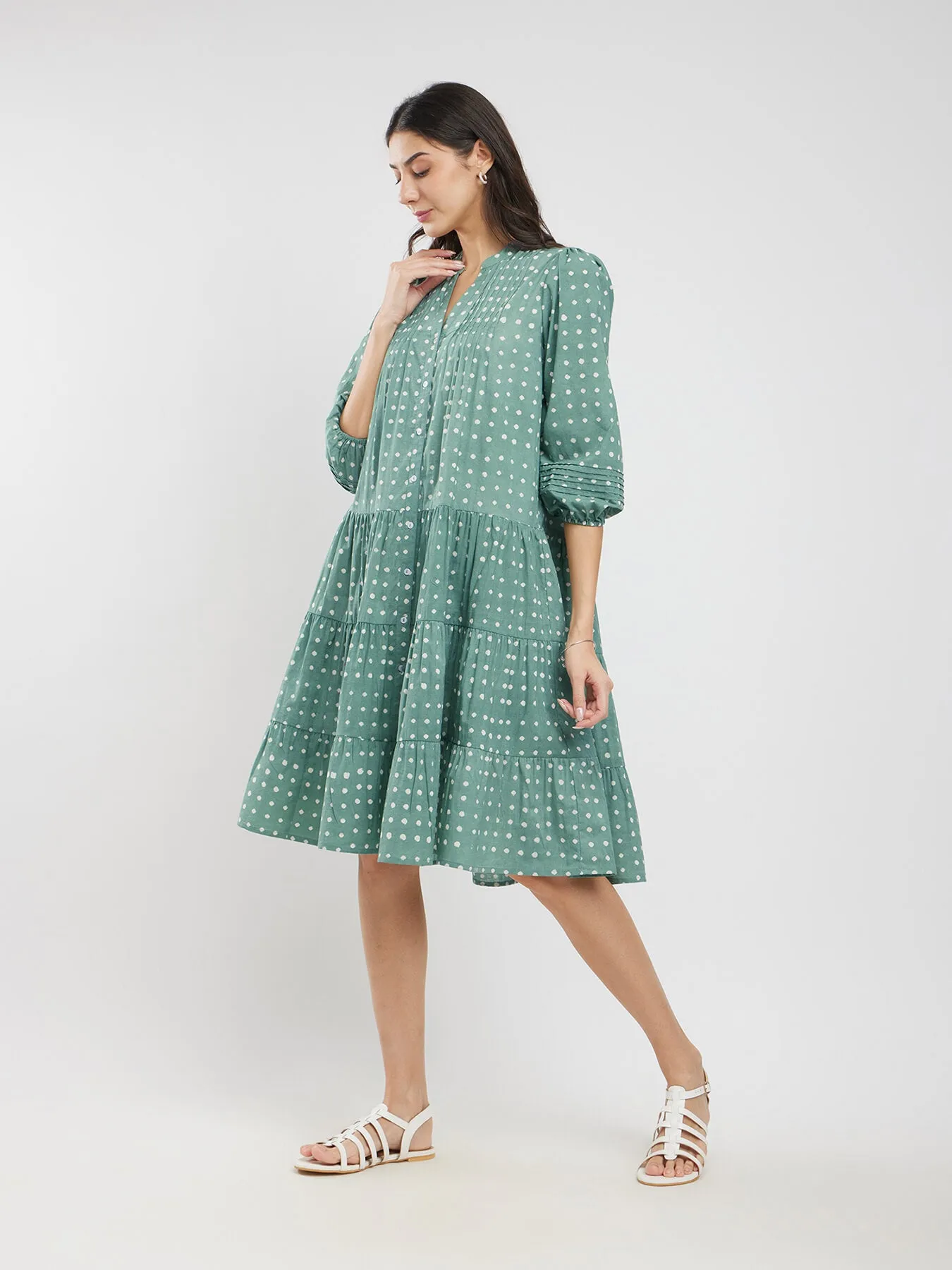 Cotton Dabu Polka Tiered Dress - Green