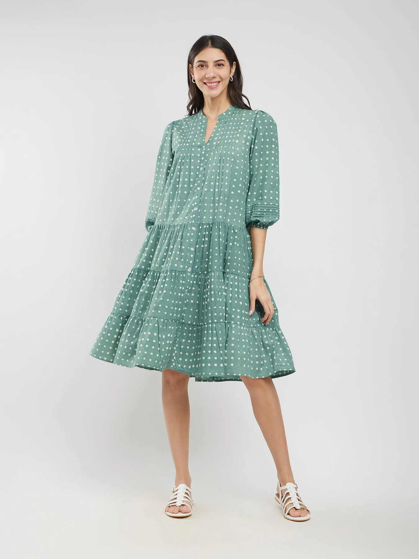 Cotton Dabu Polka Tiered Dress - Green
