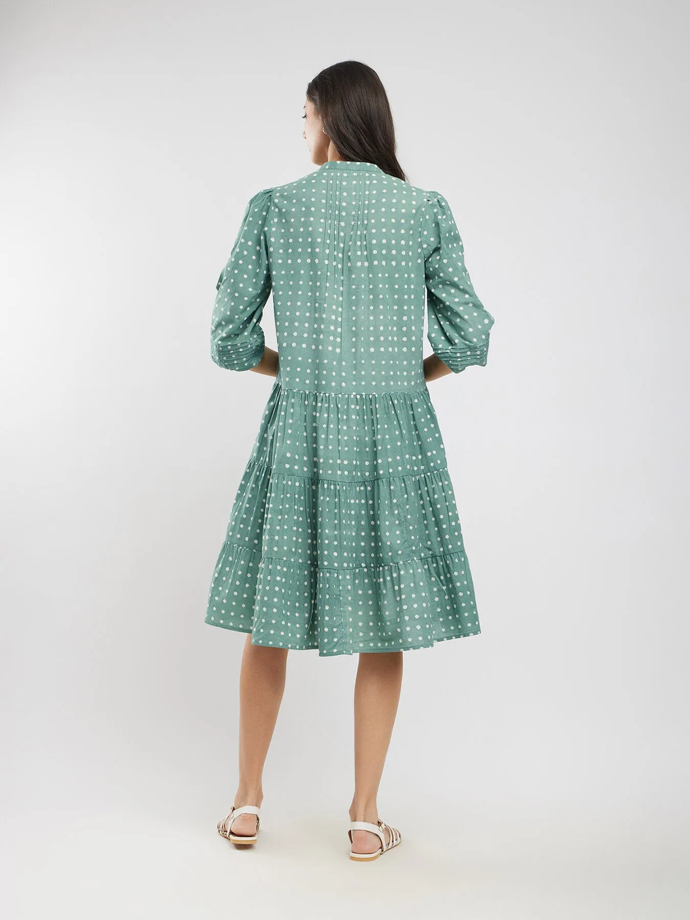 Cotton Dabu Polka Tiered Dress - Green