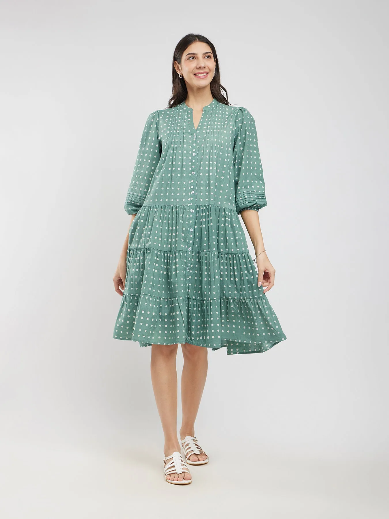 Cotton Dabu Polka Tiered Dress - Green