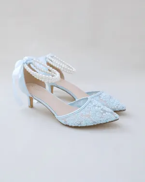 Crochet Lace Pointy Toe Wedding Low Heels with Double Pearl Strap