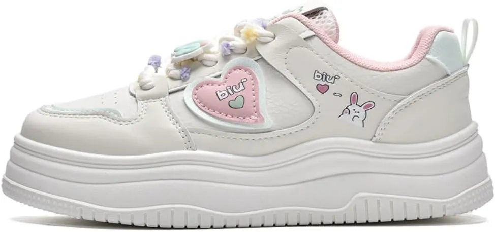 Cute Shoes Y2K  Pretty Pastel Thick Sole Bunny Sneaker Chunky Platform Aesthetic Love Heart Kawaii White Trainer for Women Girls Casual Beach Travel School Summer Spring