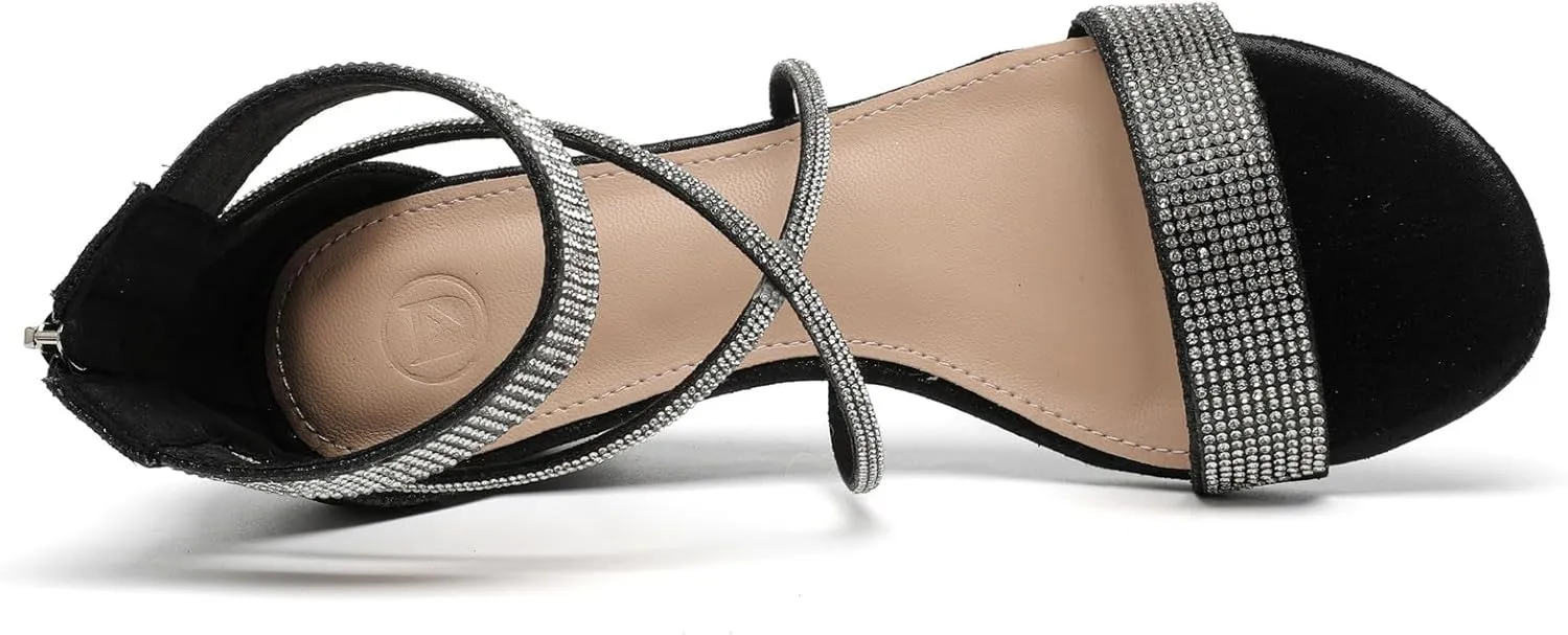 DADAWEN Women's Open Toe Ankle Strap Glitter Rhinestones Low Wedge Sandals Party Wedding Dress Pumps Shoes