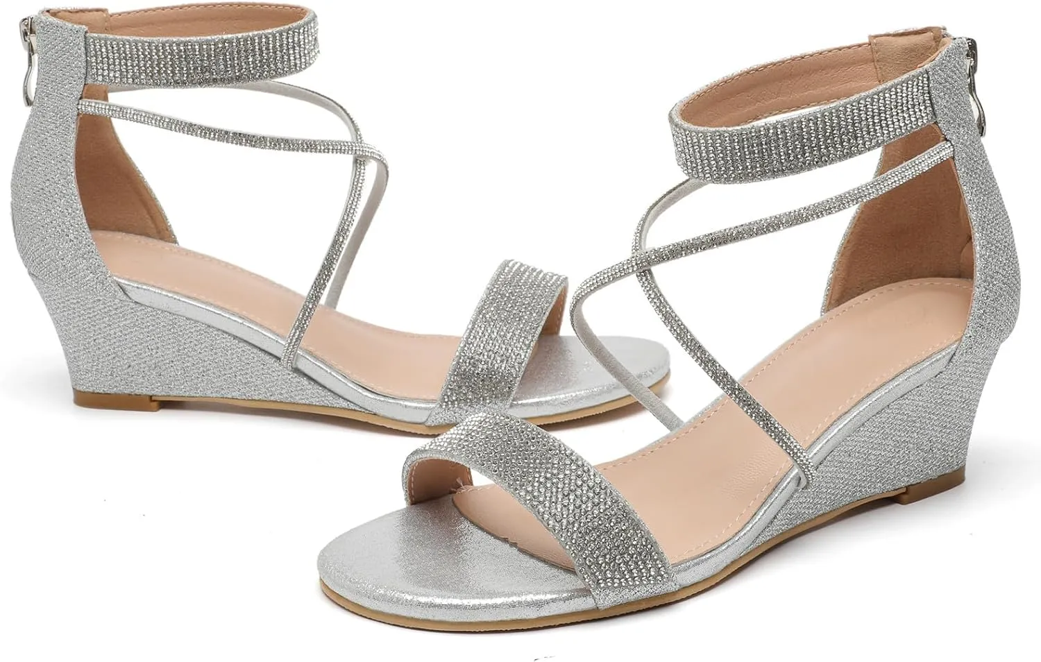 DADAWEN Women's Open Toe Ankle Strap Glitter Rhinestones Low Wedge Sandals Party Wedding Dress Pumps Shoes