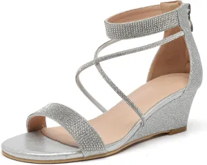 DADAWEN Women's Open Toe Ankle Strap Glitter Rhinestones Low Wedge Sandals Party Wedding Dress Pumps Shoes