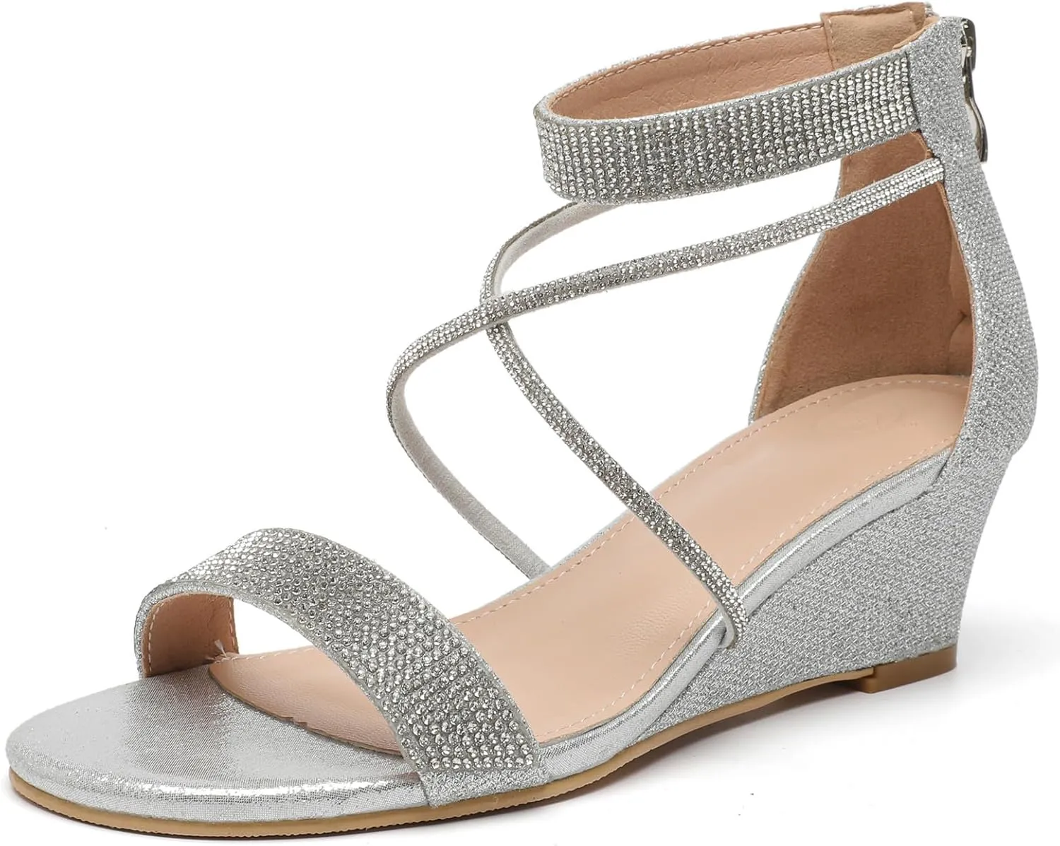 DADAWEN Women's Open Toe Ankle Strap Glitter Rhinestones Low Wedge Sandals Party Wedding Dress Pumps Shoes