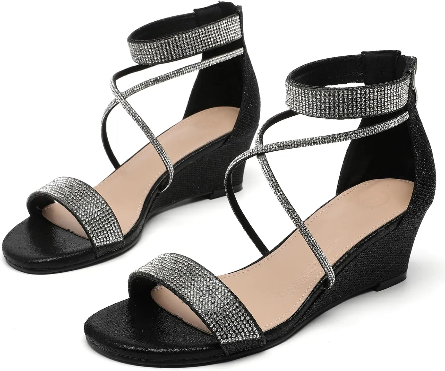 DADAWEN Women's Open Toe Ankle Strap Glitter Rhinestones Low Wedge Sandals Party Wedding Dress Pumps Shoes